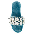 Women Light Blue Leather Velvet Faux Pearl Mules Crystal Flat Shoes Slides